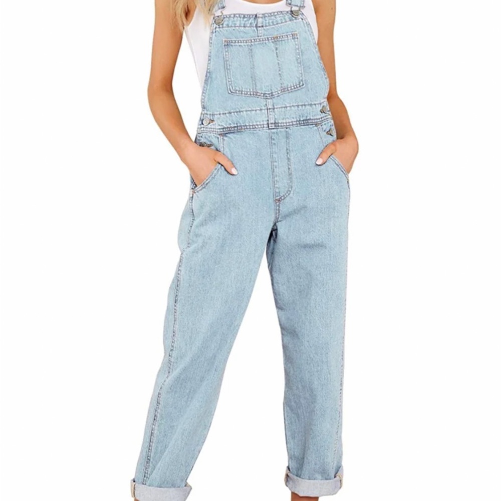 Hollister jumpsuit light blue denim overalls size large cotton straight leg
